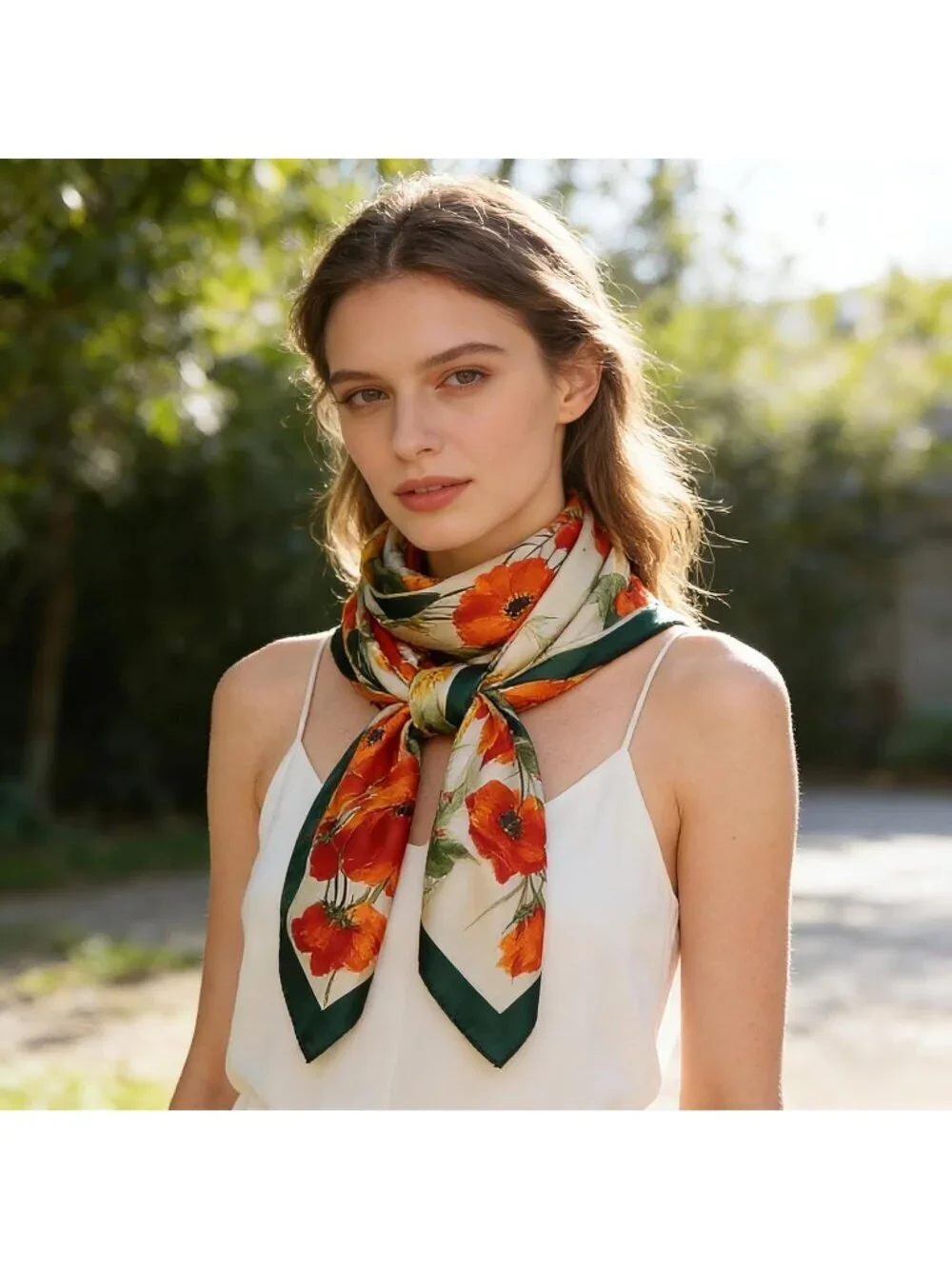 Women's White Orange Light Silk Like Scarves Flower Print Head Cotton Wrap Scarf